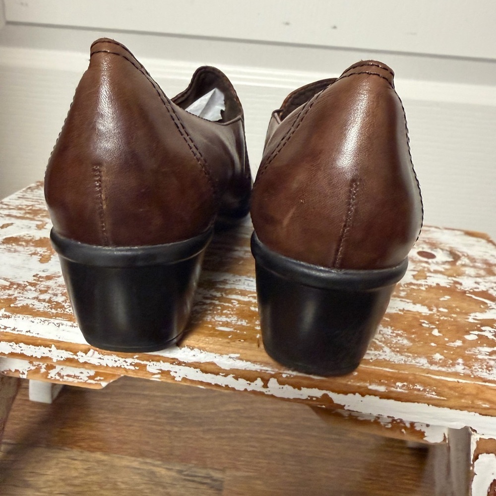 Clarks 89488 Women 8M Partridge Brown Leather Slip On Loafers mules Heels Shoes - Picture 4 of 8